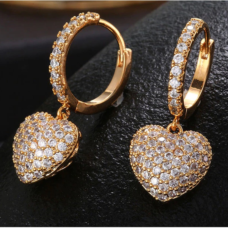 Dainty Drop Pave Heart Earrings