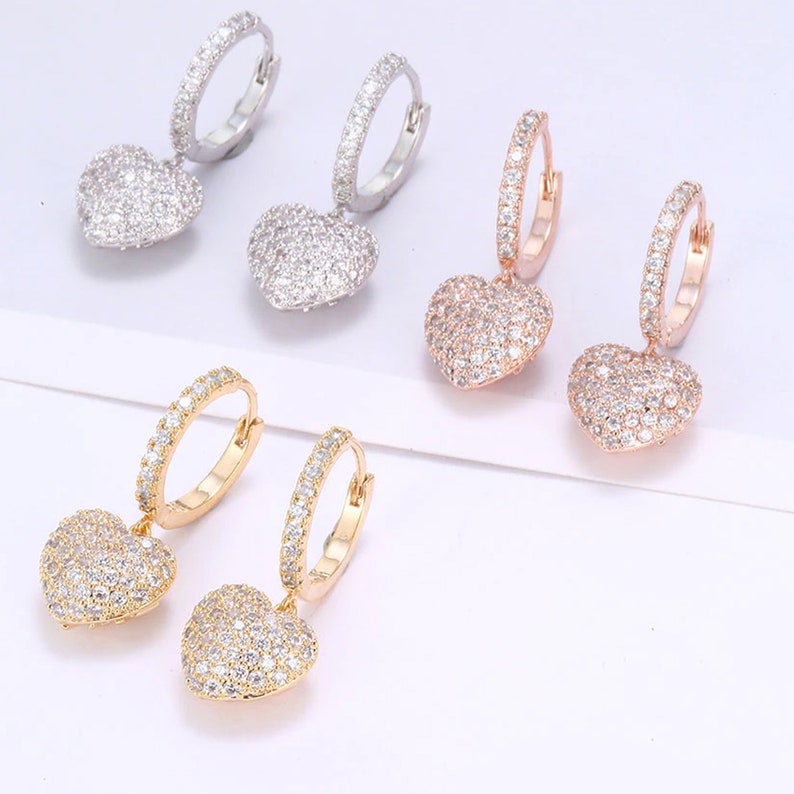 Dainty Drop Pave Heart Earrings