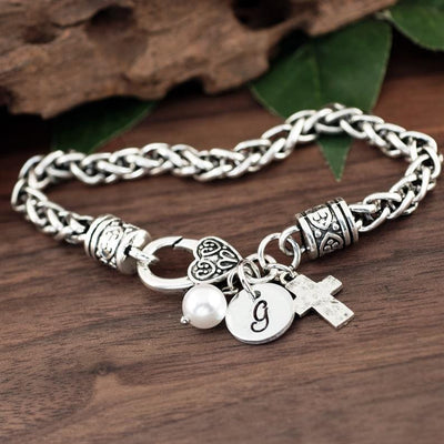 Personalized Initial Antique Silver Bracelet with Cross