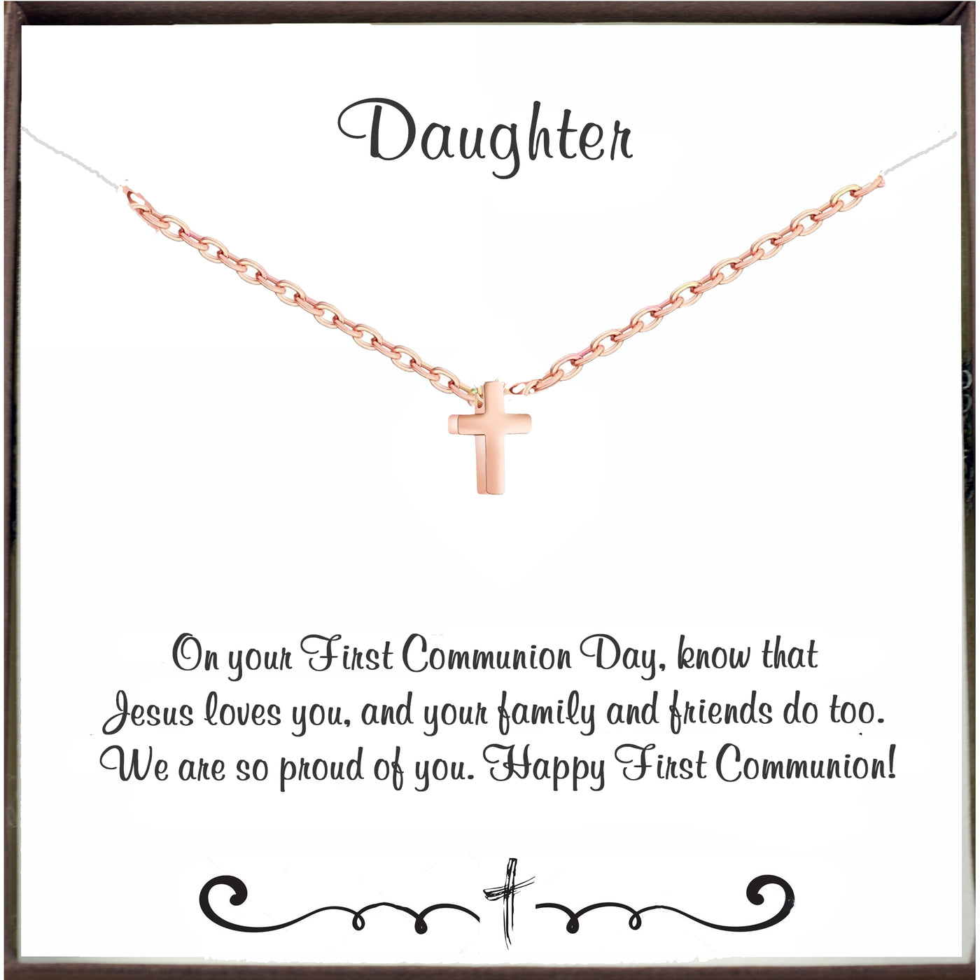 Daughter - First Holy Communion Necklace - Rose Gold Tiny Cross - Godfullness