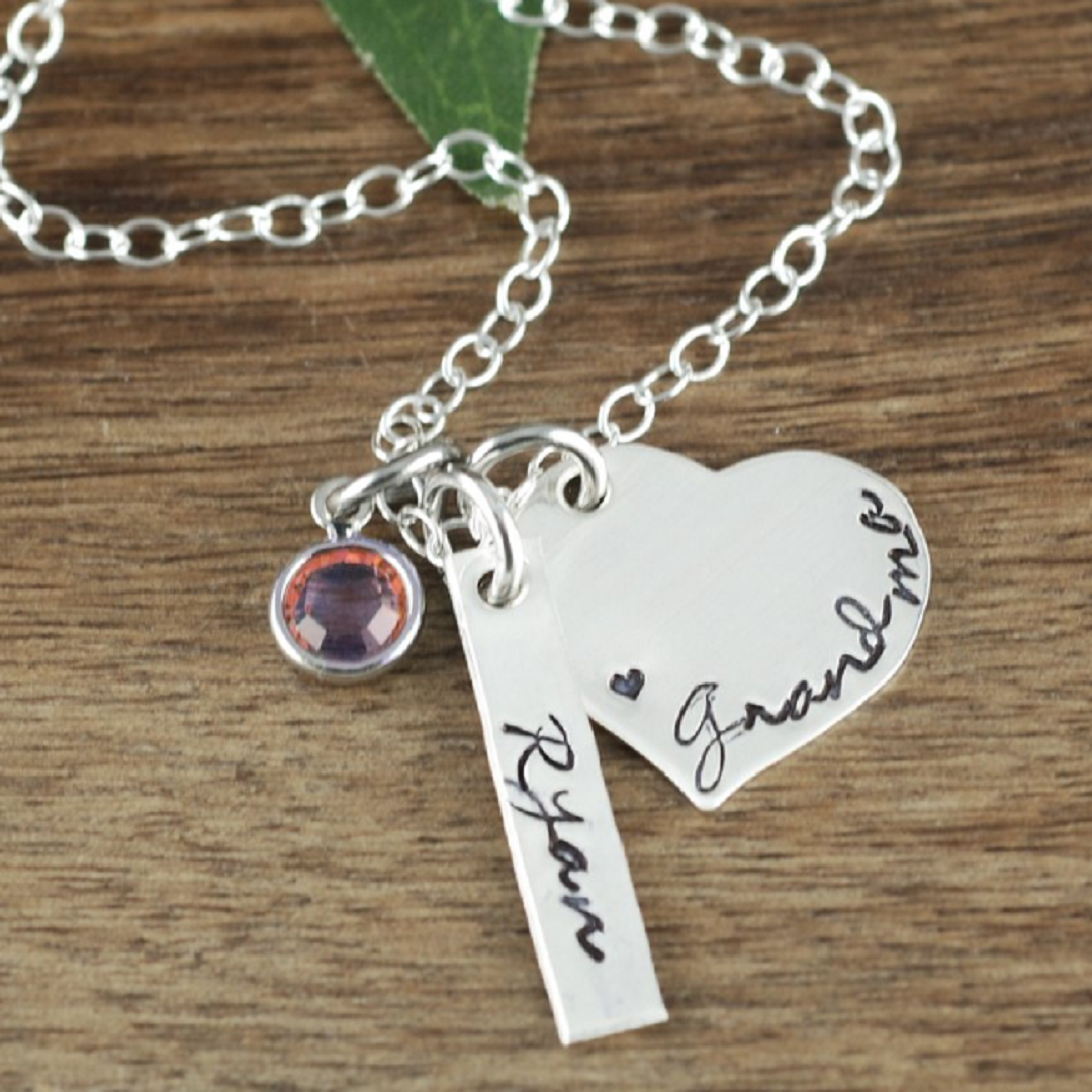 Sterling Silver Heart Necklace w/ Name Tags & Birthstones