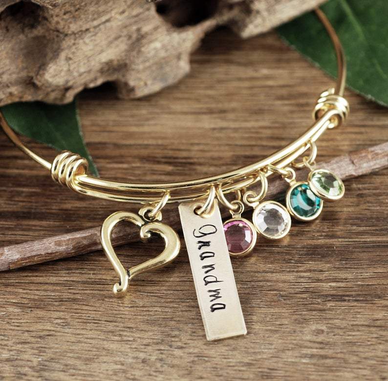 Birthstone Bracelet w/ Heart Charm & Name Tag for Grandma (Mom)