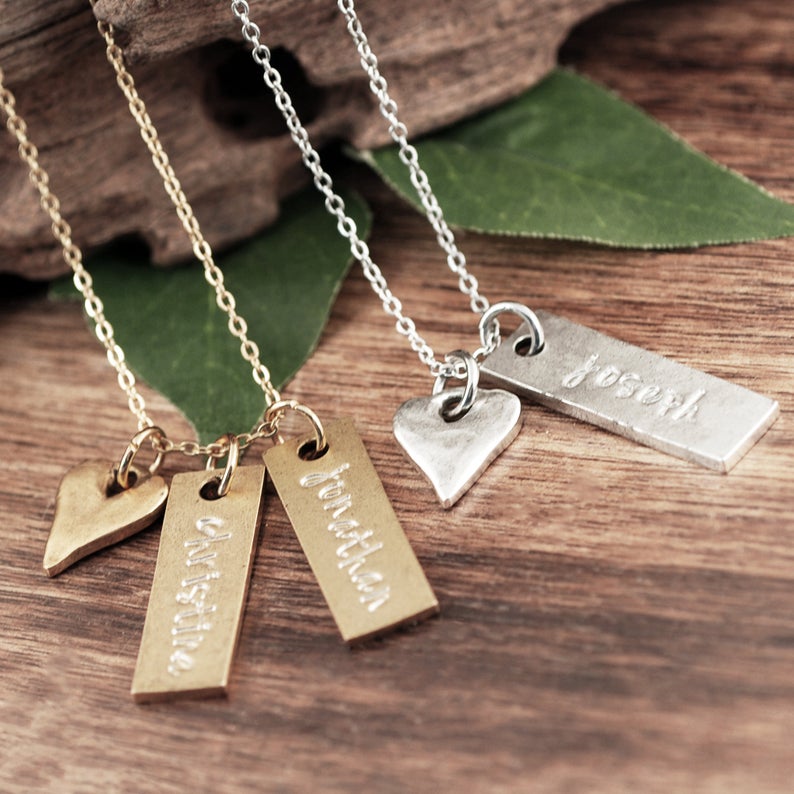 Personalized Vertical Bar Necklace With Heart - Godfullness