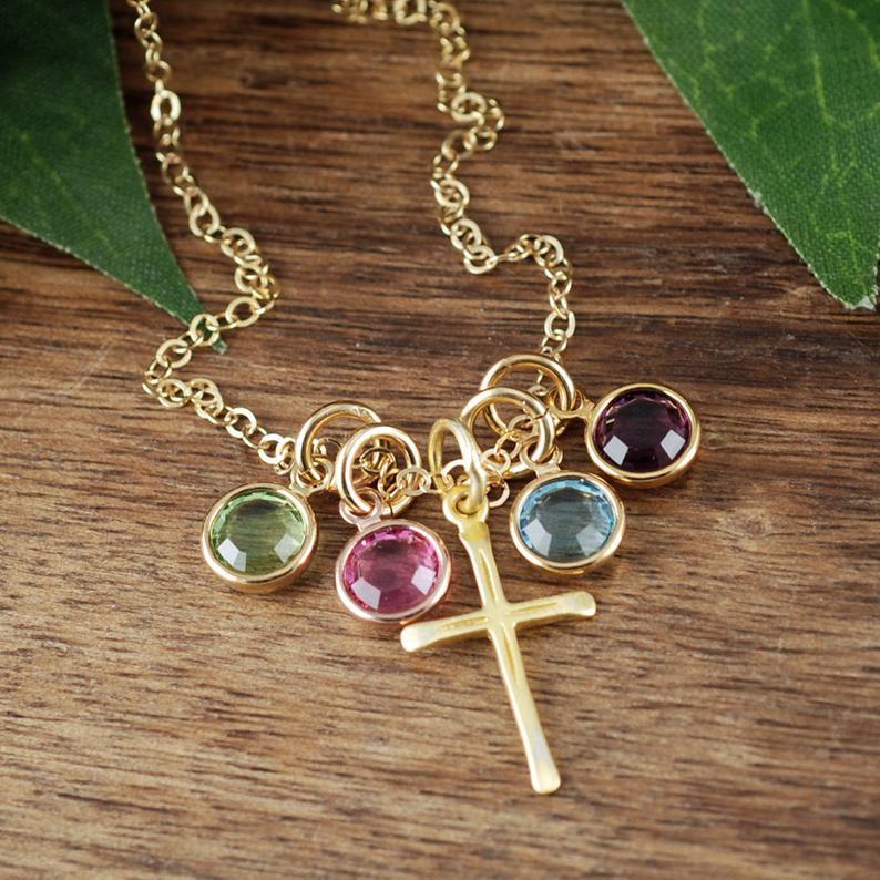 Personalized Cross Necklace with Birthstones - Godfullness
