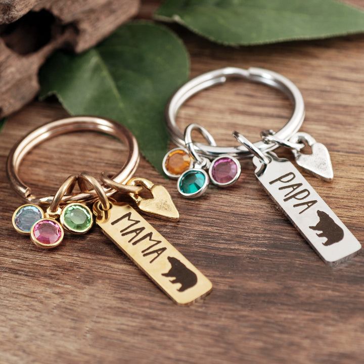 Mama Bear &amp;/or Papa Bear Keychains with Birthstones - Godfullness