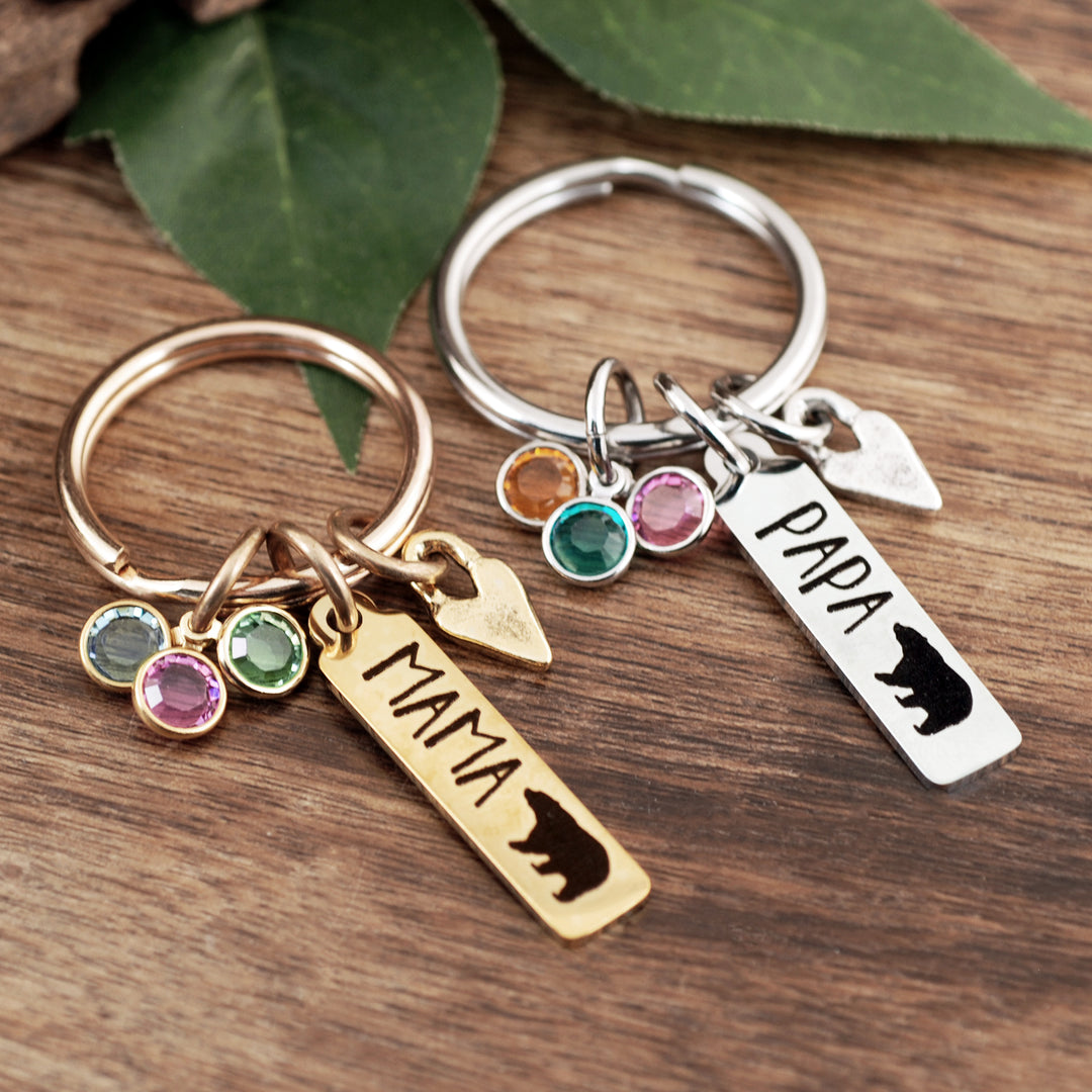 Mama Bear &amp;/or Papa Bear Keychains with Birthstones - Godfullness