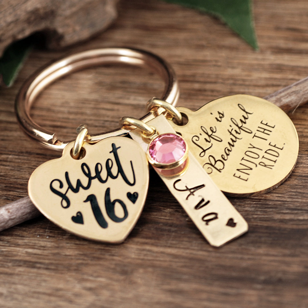 Personalized Sweet 16 Keychain - Life is Beautiful! Enjoy the Ride - Godfullness