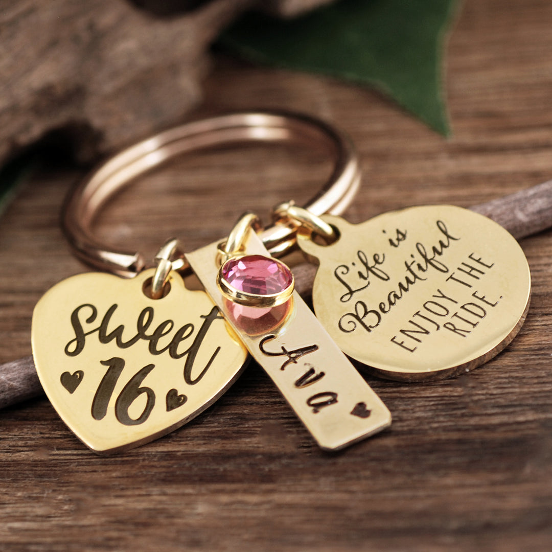 Personalized Sweet 16 Keychain - Life is Beautiful! Enjoy the Ride - Godfullness