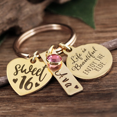 Personalized Sweet 16 Keychain - Life is Beautiful! Enjoy the Ride - Godfullness
