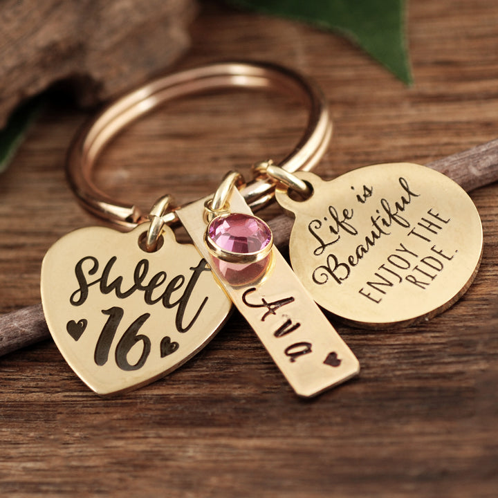 Personalized Sweet 16 Keychain - Life is Beautiful! Enjoy the Ride - Godfullness