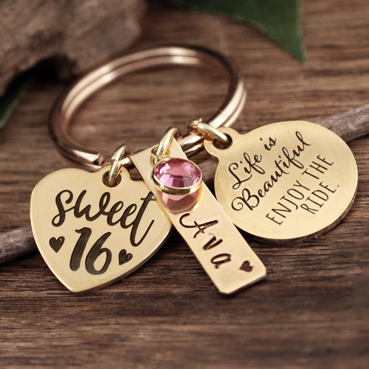 Personalized Sweet 16 Keychain - Life is Beautiful! Enjoy the Ride - Godfullness
