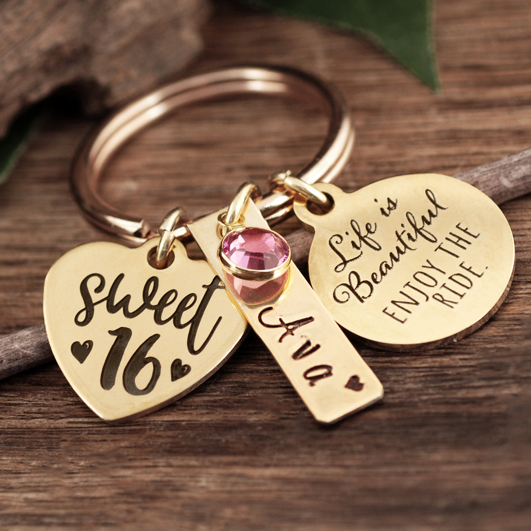 Personalized Sweet 16 Keychain - Life is Beautiful! Enjoy the Ride - Godfullness
