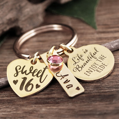 Personalized Sweet 16 Keychain - Life is Beautiful! Enjoy the Ride - Godfullness