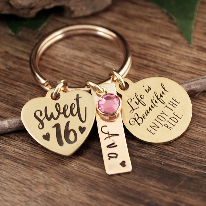 Personalized Sweet 16 Keychain - Life is Beautiful! Enjoy the Ride - Godfullness